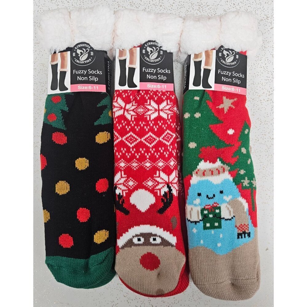 Women Thick Winter Fuzzy Socks Non-Slip Grip, Cozy Christmas Designs 3-Pack 6-11